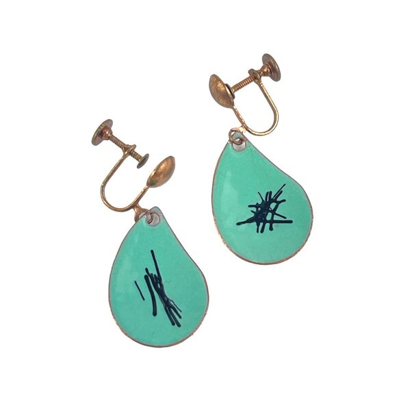 Vintage Copper and Green Enamel Dangle Screw Back Earrings - Picture 2 of 9